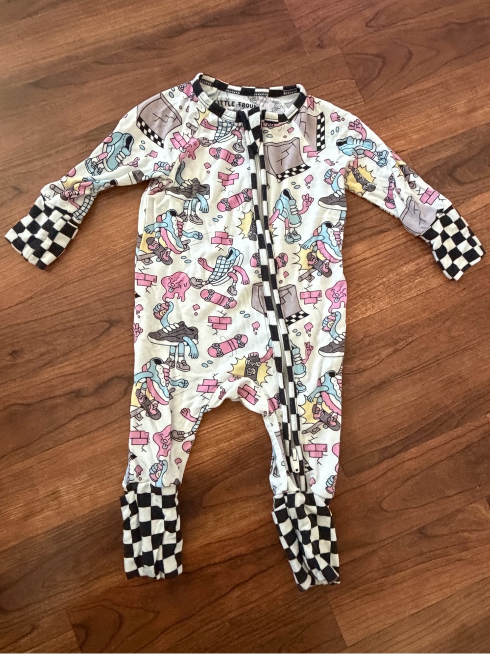Baby Cream Skate Print Zipper Footie with Checker Trim